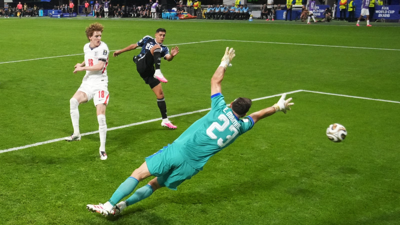 Lautaro Martinez heading Argentina's winning goal against England