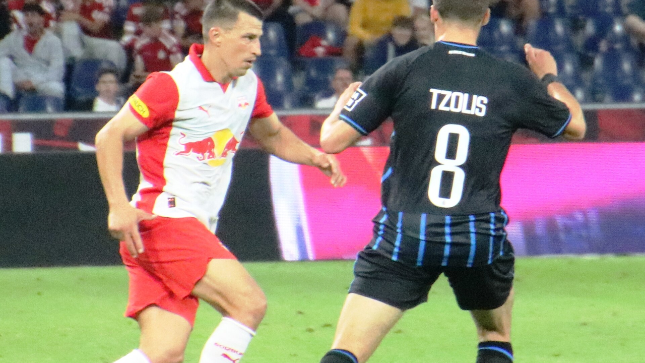 Christos Tzolis controls the ball for Club Brugge in a European match
