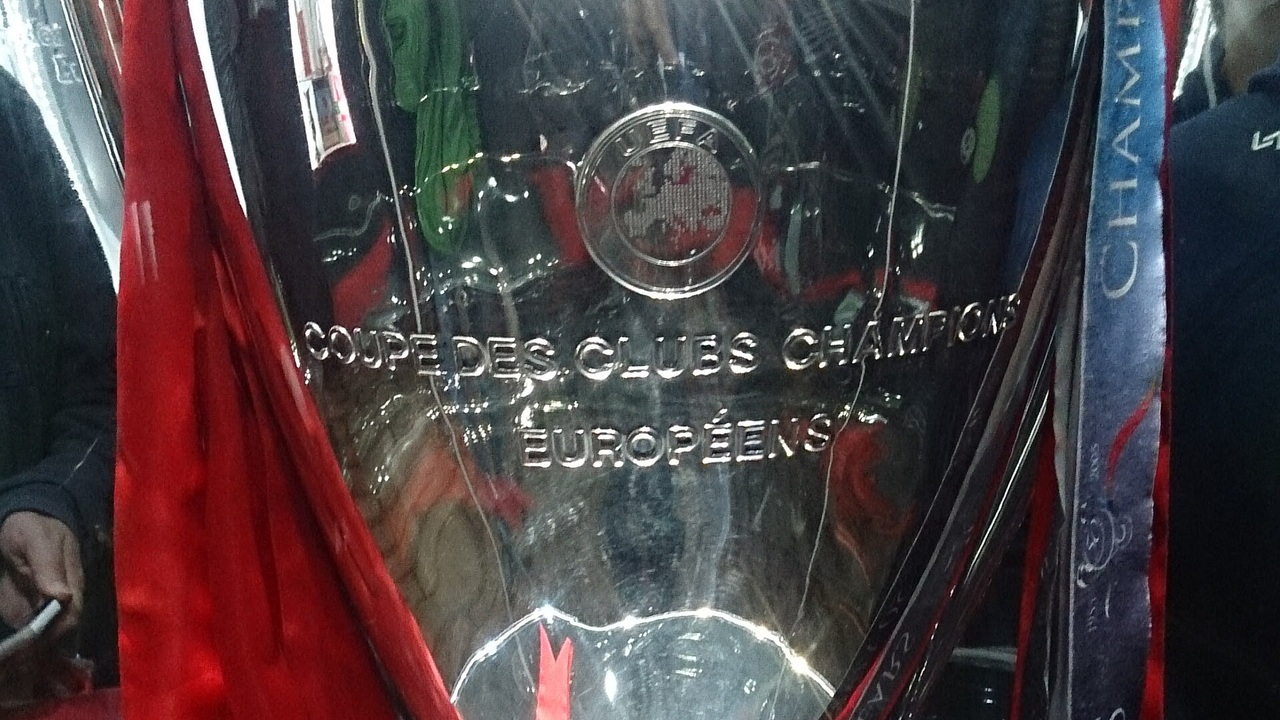 The UEFA Champions League trophy stands on display