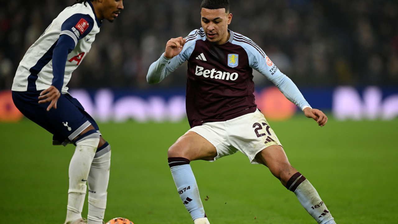Morgan Rogers controls the ball for Aston Villa against Tottenham