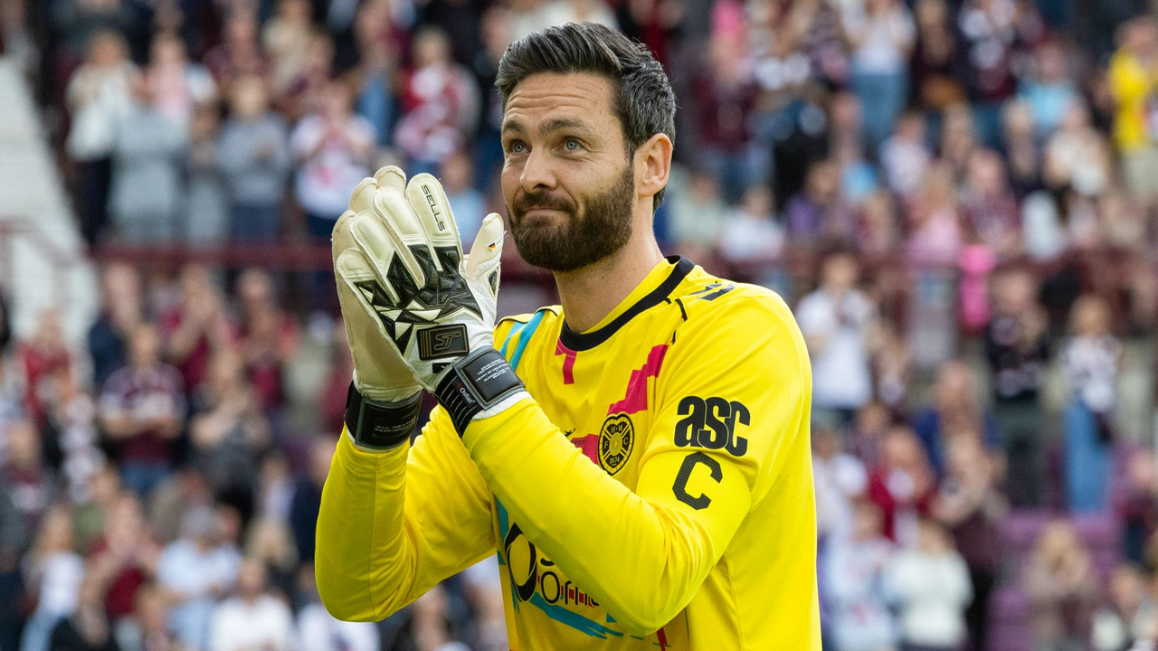Craig Gordon thanks the Hearts supporters from the pitch