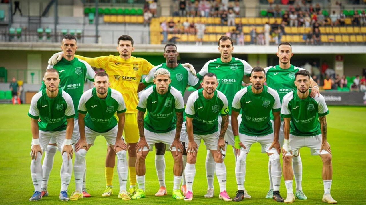 Egnatia players pose together before a Champions League qualifier