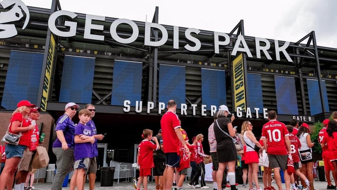 Liverpool supporters gather outside the stadium in Nashville