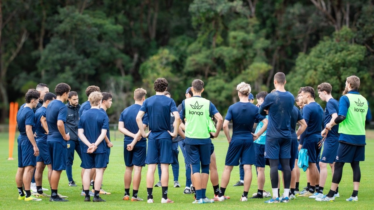 Central Coast Mariners players gather during training