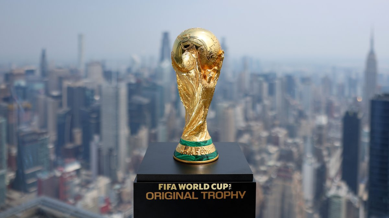 The FIFA World Cup trophy is displayed in New York before the 2026 final