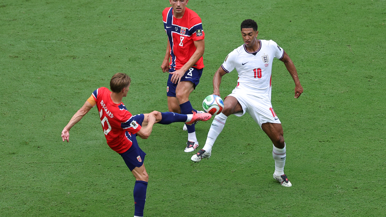 Jude Bellingham under pressure during England's quarter-final