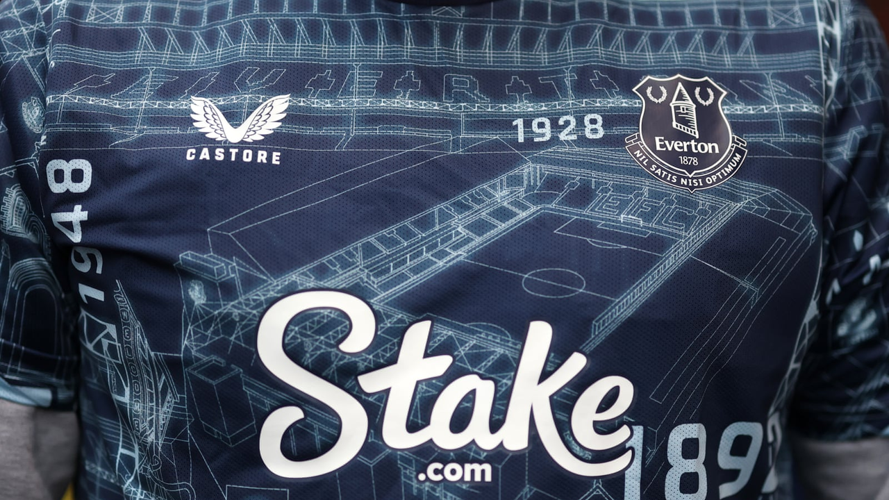 An Everton football shirt displaying the Stake sponsor during the 2025-26 season