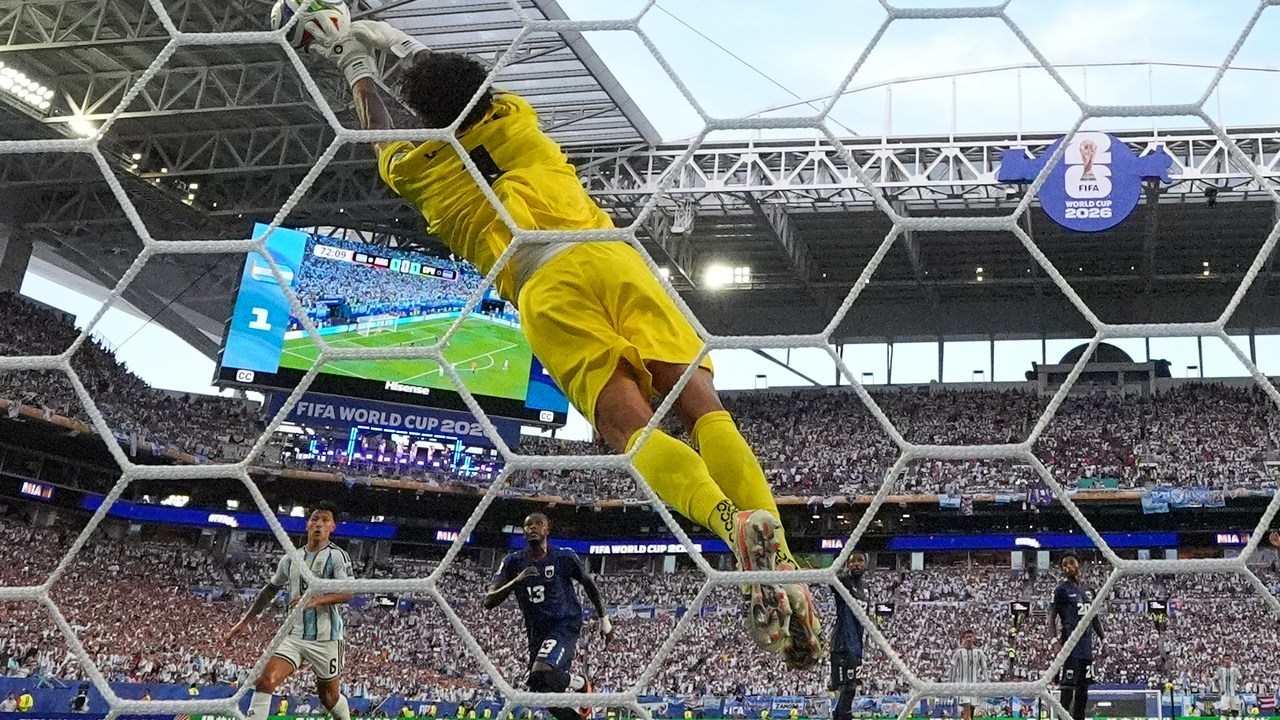 Vozinha jumps to catch a football in front of the goal net