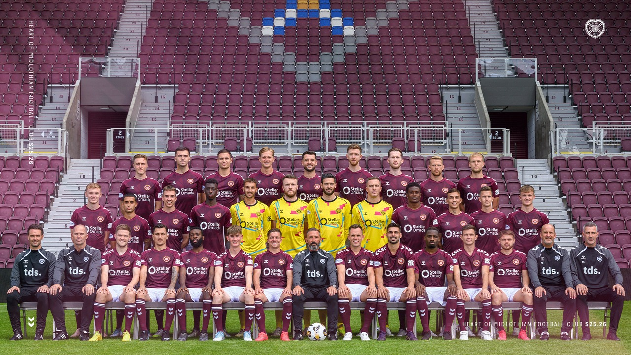 Heart of Midlothian players and staff pose for a team photograph