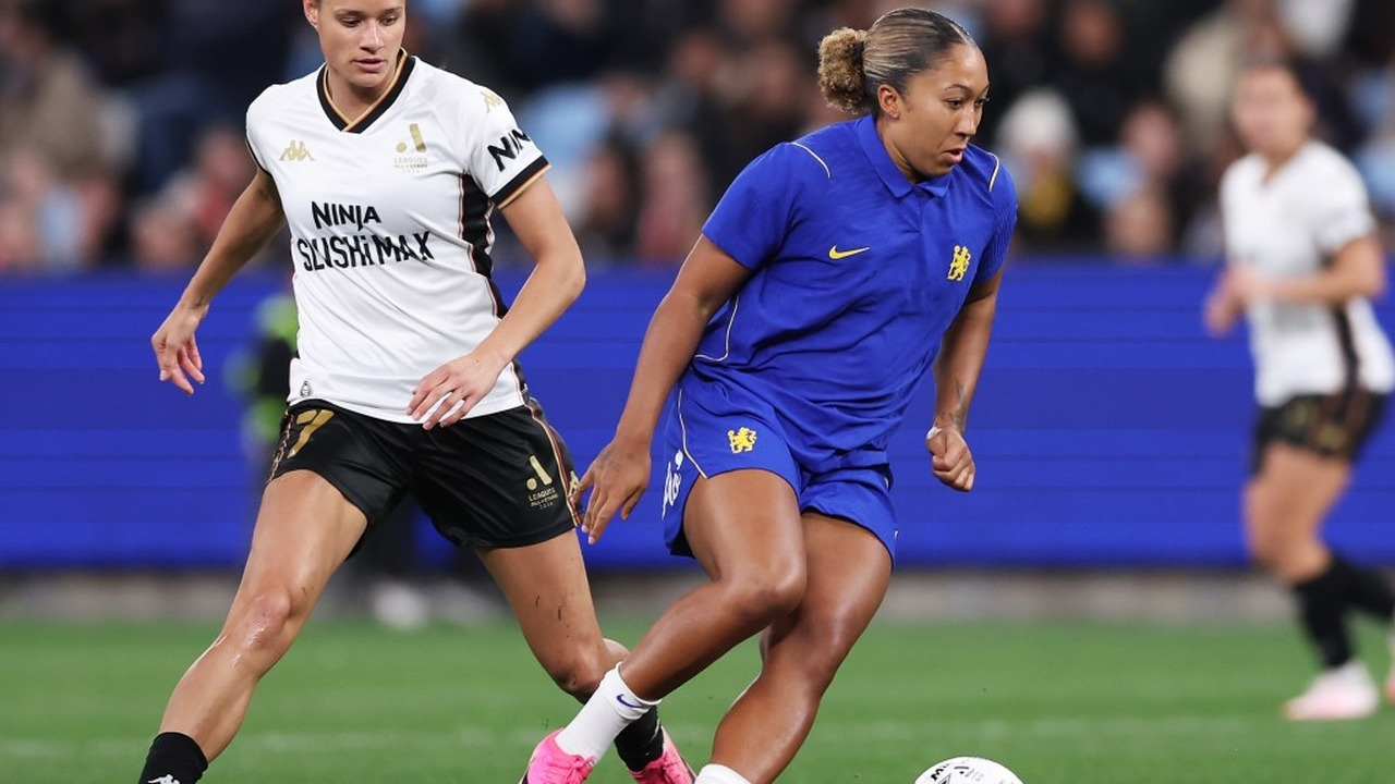 A Chelsea Women player dribbles past an A-League Women All Stars opponent