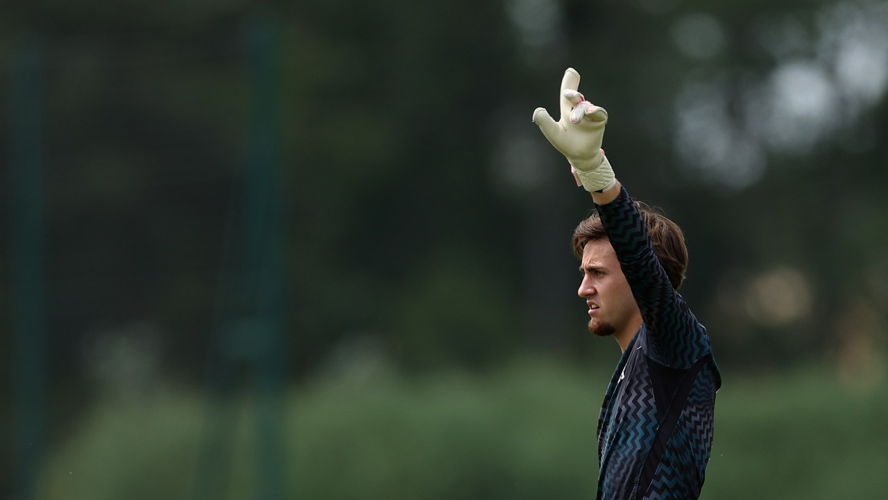 Tottenham goalkeeper Guglielmo Vicario raises his hand on the pitch