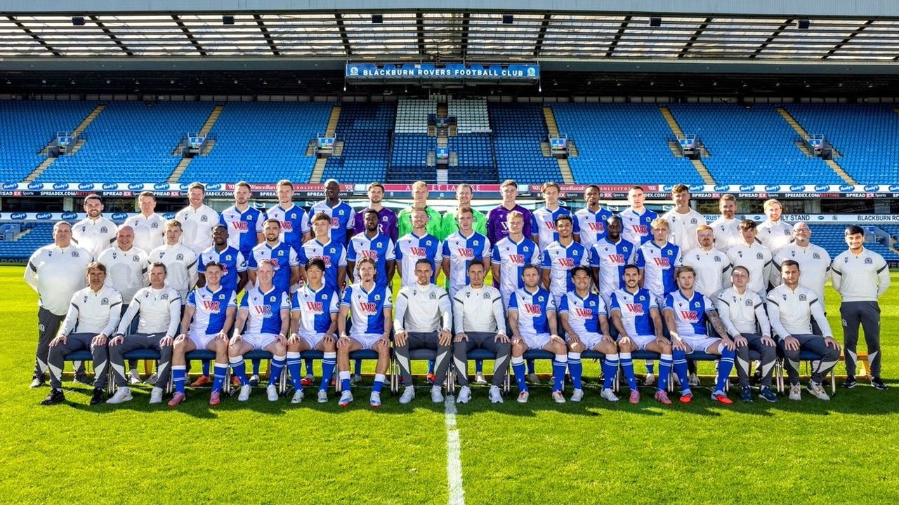 Blackburn Rovers players pose for a team photograph